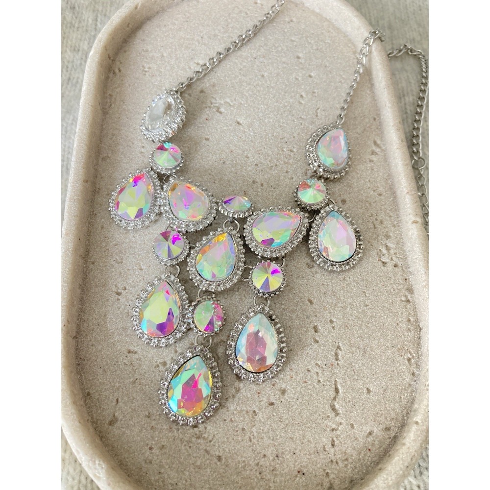 Silver Tone Faux AB‎ Rhinestone Bib Necklace Iridescent Teardrop Statement Bling